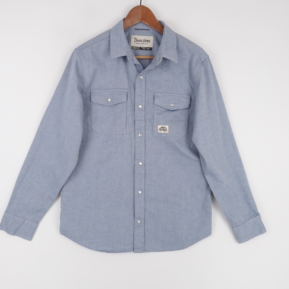 Duck Camp Outfitter Shirt Mens S Blue Chambray Pearl Snap Stretch Long Sleeve